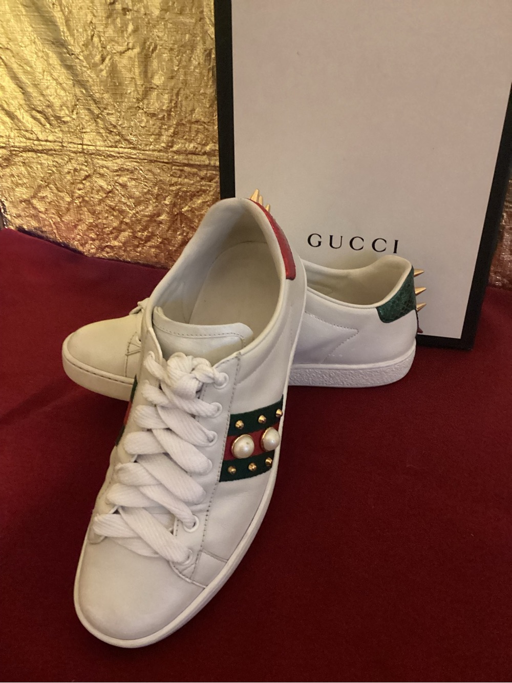 Gucci White Leather Sneakers with Green and Red Stripe and Pearl Studs